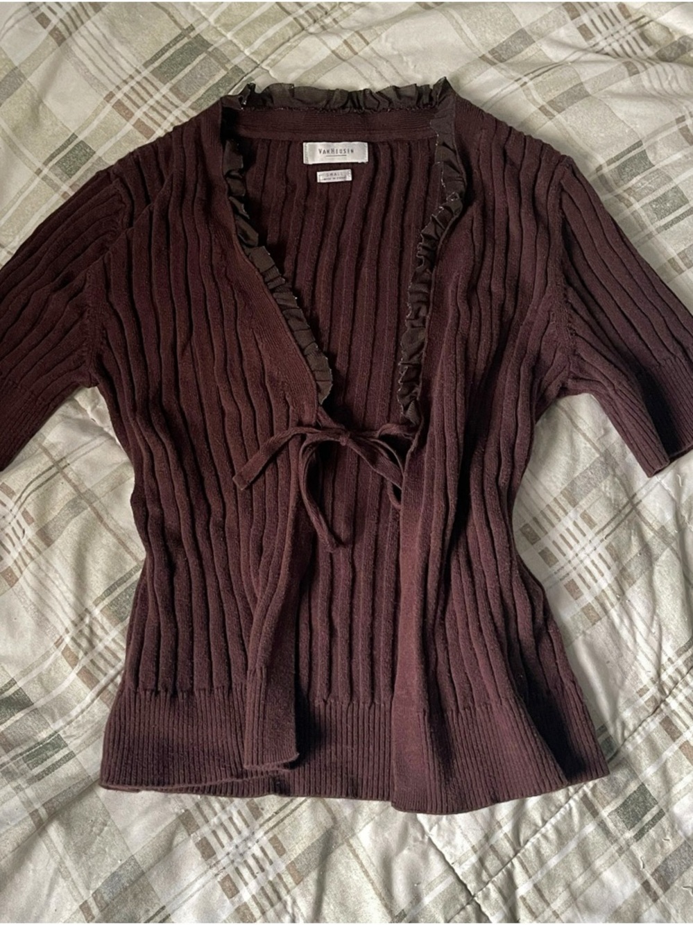 Van Heusen Ribbed Tie-Front Cardigan in Dark Brown